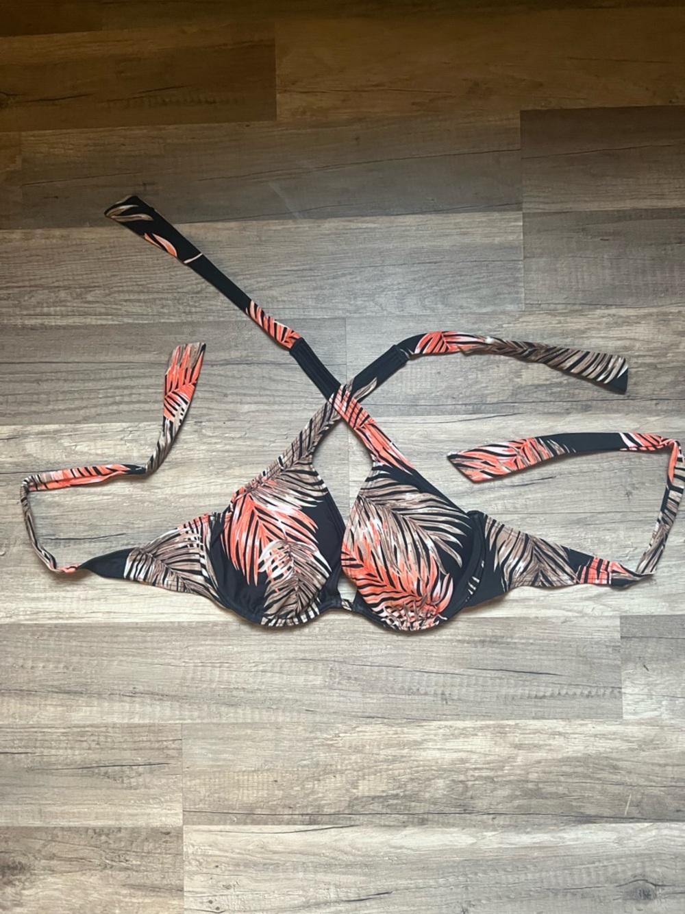 Tropical Palm Print Bikini Top - Black with Coral & Tan Leaves